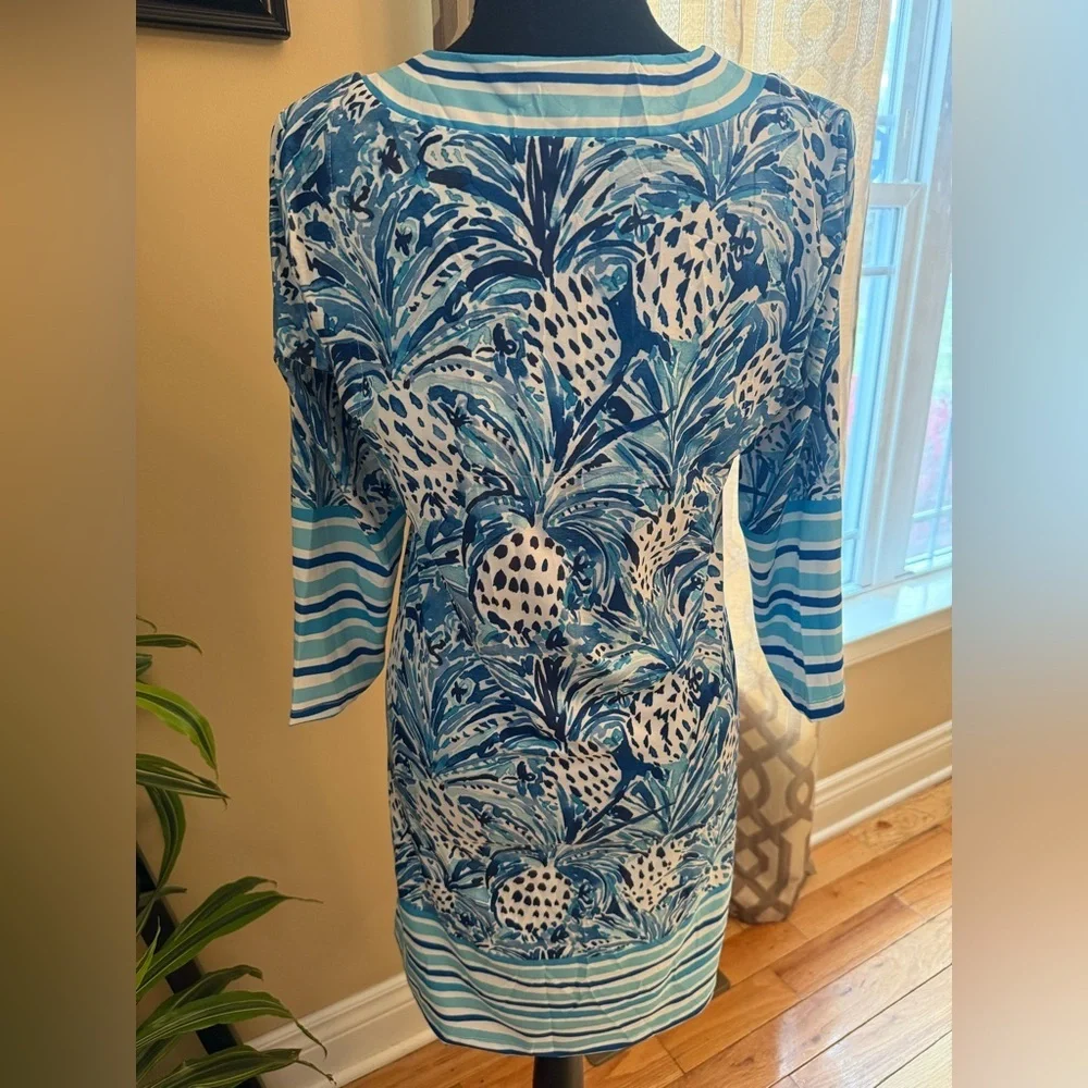 Jean-Pierre Klifa Paris 3/4 Sleeve Sheath Dress Pineapple Blue Green Women Sz XS - Picture 3 of 14